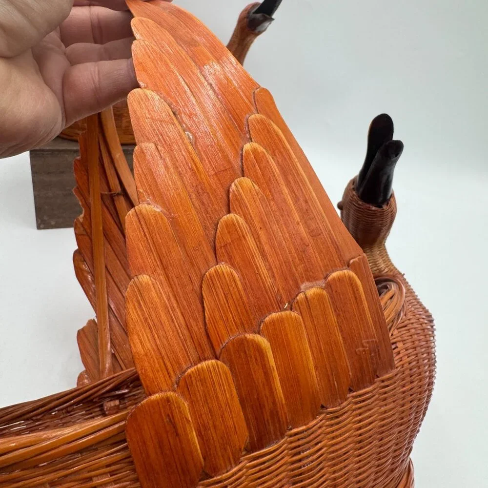 Goose or Swan Duck Nesting Baskets 1970s Mid Century Woven Wicker Rattan & Bambo